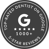 Top rated dentist on Google over 1000 5 star reviews badge